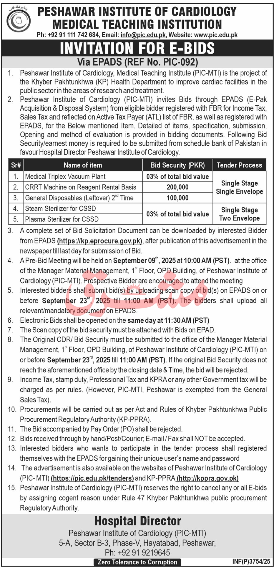 Peshawar Institute of Cardiology Medical Teaching Institution Tender Notice